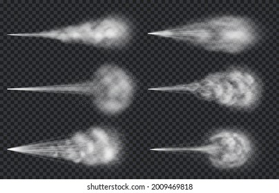 Air water spray. Realistic mist steam and cloud of atomizer. Aerosol deodorant or perfume jet. Spread particles effect vector set. Spray fog air, hydration moist, drop airy splash illustration