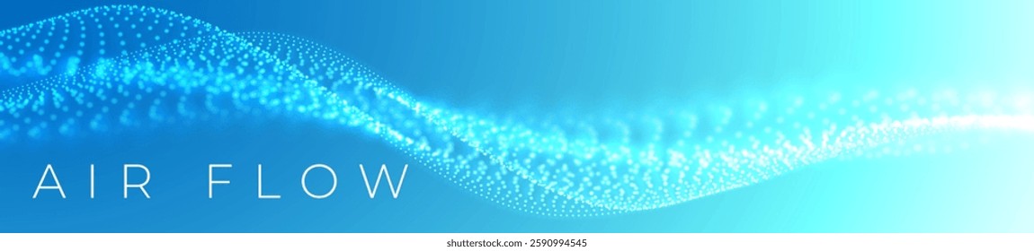 Air waves with depth of field. Particle stream of clean fresh air. Air conditioner. Fresh scent and air filtration effect. Blue wide wavy background.

