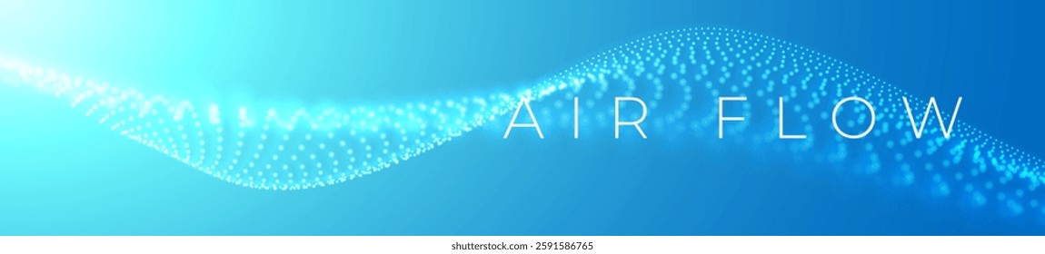 Air waves with depth of field. Particle stream of clean fresh air. Air conditioner. Fresh scent and air filtration effect. Blue wide wavy background.