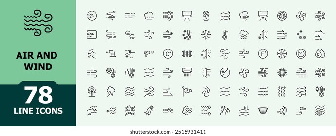 Air and Wind icon set. Minimal Vector line art illustrations. Ideal for weather, climate, and environmental icon collections.