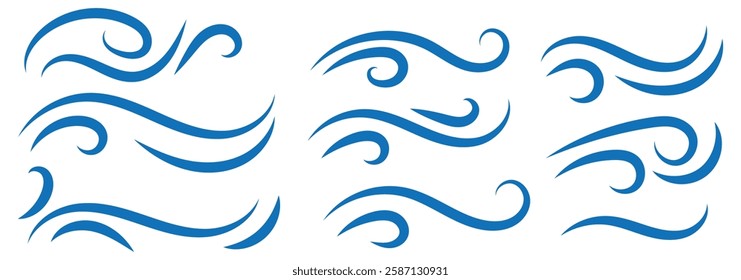 Air, wind, swirl in doodle illustration style. Sketch drawn air blow motion, smoke flow art, abstract line. Wave beach vector illustration. Isolated vector illustration.