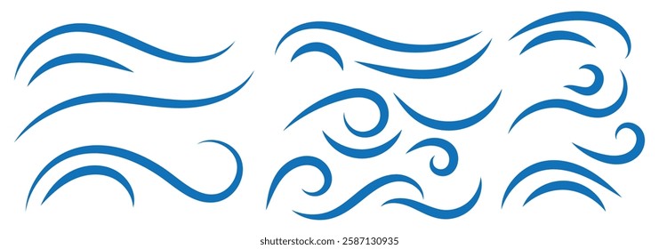 Air, wind, swirl in doodle illustration style. Sketch drawn air blow motion, smoke flow art, abstract line. Wave beach vector illustration. Isolated vector illustration.