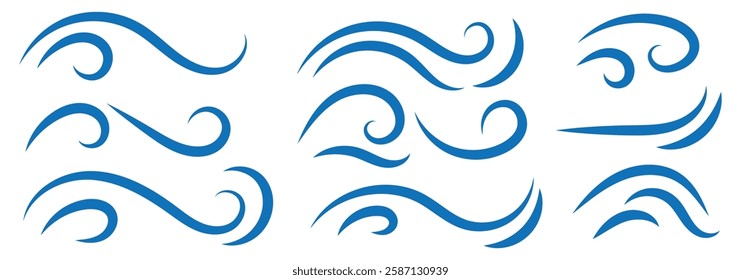 Air, wind, swirl in doodle illustration style. Sketch drawn air blow motion, smoke flow art, abstract line. Wave beach vector illustration. Isolated vector illustration.