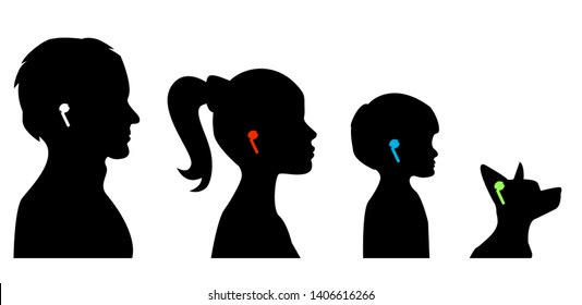 air wireless earphones. Silhouettes set of family with headphones pods - men, women, child boy, dog listen music. garniture in ears -vector illustration