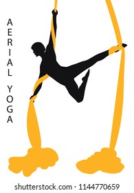 Air yoga - silhouette of an athlete with a silk ribbon - isolated on a white background - flat style - art vector