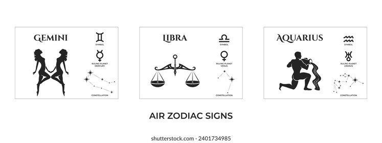 air zodiac signs. gemini, libra and aquarius. constellation and ruling planet symbol. astrology and horoscope symbol. isolated vector image
