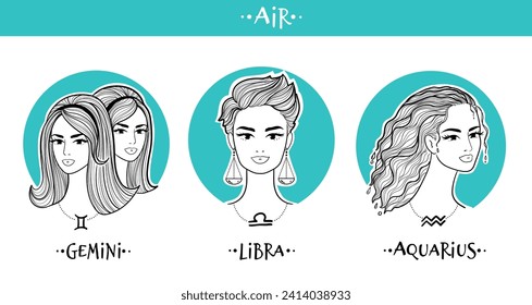 Air zodiac signs girls collection. Vector illustration of beautiful women. Gemini, Libra and Aquarius horoscope set.