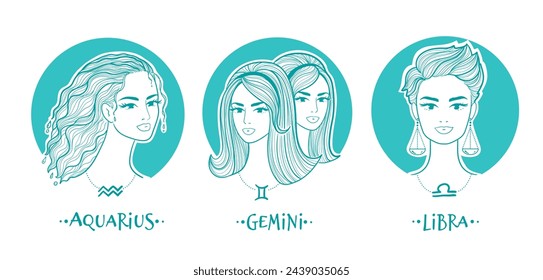 Air zodiac signs girls collection. Vector illustration of beautiful women. Gemini, Libra and Aquarius horoscope set.