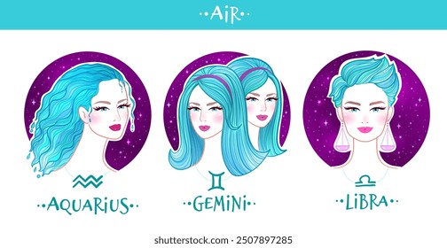 Air zodiac signs girls collection. Vector color illustration of beautiful women. Gemini, Libra and Aquarius horoscope set.