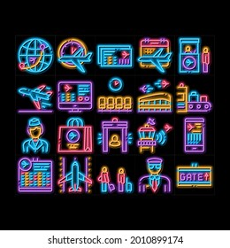 AirAnd Airport neon light sign vector. Glowing bright icon  AirWorldwide Direction And Ticket, Pilot And Stewardess, Airplane And Calendar Illustrations