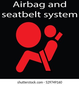 Airbag and seatbelt sign on a black background. Warning dashboard signs illustration vector. Person in seat with airbag. Vector icons for video, mobile apps, Web sites and print projects.