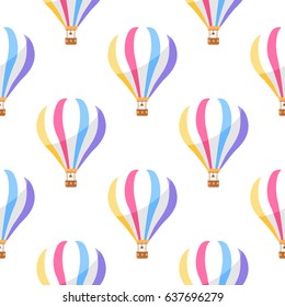 Airballoon with color stripes seamless pattern on white background. Vector illustration of object for travelling by air with basket endless texture. Wallpaper design with air means of transportation