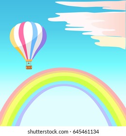 Airballoon with colorful stripes flying in blue sky with white clouds over colorful rainbow. Air means of transportation, decorative background for mobile game application vector illustration