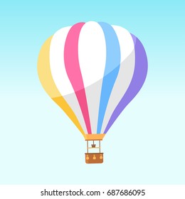 Airballoon with colorful stripes icon isolated on white. Vector illustration of big object for travelling by air and watching scenic landscapes with basket for people. Air means of transportation