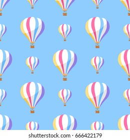 Airballoon with colorful stripes seamless pattern on blue background. Vector illustration of object for travelling by air and watching with basket. Wallpaper design with air means of transportation
