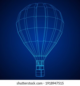 Airballoon design airway travel transport. Air ship with cabin. Wireframe low poly mesh vector illustration.