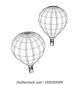 Airballoon design airway travel transport. Air ship with cabin. Wireframe low poly mesh vector illustration.