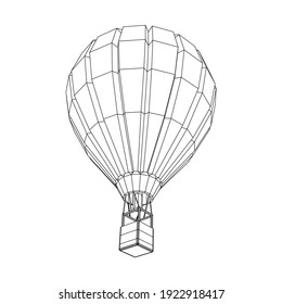 Airballoon design airway travel transport. Air ship with cabin. Wireframe low poly mesh vector illustration.