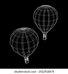 Airballoon design airway travel transport. Air ship with cabin. Wireframe low poly mesh vector illustration.