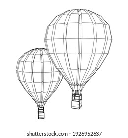 Airballoon design airway travel transport. Air ship with cabin. Wireframe low poly mesh vector illustration.