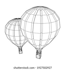 Airballoon design airway travel transport. Air ship with cabin. Wireframe low poly mesh vector illustration.