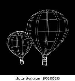 Airballoon design airway travel transport. Air ship with cabin. Wireframe low poly mesh vector illustration.