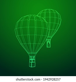 Airballoon design airway travel transport. Air ship with cabin. Wireframe low poly mesh vector illustration.