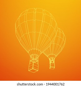 Airballoon design airway travel transport. Air ship with cabin. Wireframe low poly mesh vector illustration.