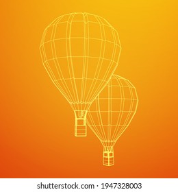 Airballoon design airway travel transport. Air ship with cabin. Wireframe low poly mesh vector illustration.