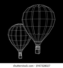 Airballoon design airway travel transport. Air ship with cabin. Wireframe low poly mesh vector illustration.