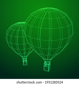 Airballoon design airway travel transport. Air ship with cabin. Wireframe low poly mesh vector illustration.
