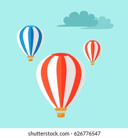 Airballoons flying in the blue sky vector illustration. Three colorful ballons fly among clouds. Air transportation symbols in flat design. Journey on hotair device concept, Taiwan means of transport