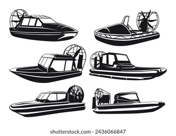 Airboat icon marine travel passenger speed transportation with propeller black monochrome set isometric vector illustration. Ship boat nautical vessel for sea river ocean water pond movement floating svg