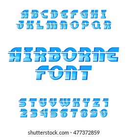 Airborne alphabet vector font. Oblique type letters and numbers on the white background. 