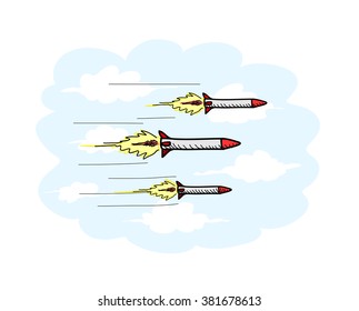 Airborne Missiles, a hand drawn vector illustration of airborne missiles, the missiles, clouds, and the light blue background are on separate groups for easy editing.