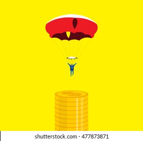 Airborne posts / A business is parachuting from the sky, landing on money stacks.