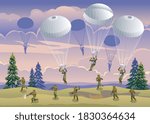 Airborne Special Forces attack off road at sunset, evening landscape and cloudy sky illustration isometric icons on isolated background