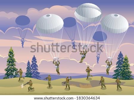 Airborne Special Forces attack off road at sunset, evening landscape and cloudy sky illustration isometric icons on isolated background