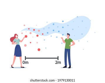 Airborne Virus Transmission Concept. Characters Communicate with Flying Contagious Cells around. People Stand on Distance to Each Other to Avoid Flu or Covid Infection. Cartoon Vector Illustration