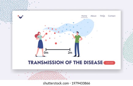 Airborne Virus Transmission Landing Page Template. Characters Communicate With Flying Contagious Cells Around. People Stand On Distance To Avoid Flu Or Covid Infection. Cartoon Vector Illustration