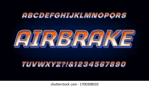 Airbrake alphabet; a racing or motorsports styled font of italic capitals with stripes and 3d effects. Similar to logo treatments on race cars.