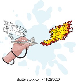 airbrush in hand draws a wing of fire on a white background. airbrushing. vector illustration
