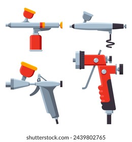 Conjunto de dibujos animados vectoriales de pistolas de aerosol de aerógrafo aislado sobre un fondo blanco.