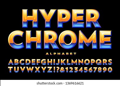 An airbrush styled chrome effect alphabet. This cinematic font has vivid warm and cool colors and high contrast