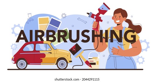 Encabezado tipográfico de sofocos. Mecánico de uniforme pinta un cuerpo de vehículo. Profesional con equipo pintan un automóvil de diferente color con fusil de aerosol. Ilustración vectorial plana