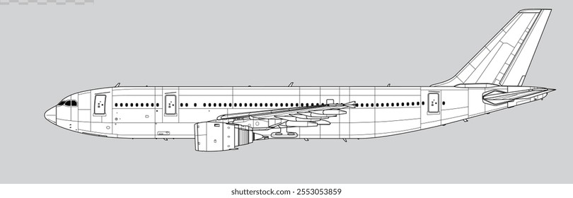 Desenho vetorial do avião comercial de grande massa. Vista lateral. Imagem para ilustração e infográficos.