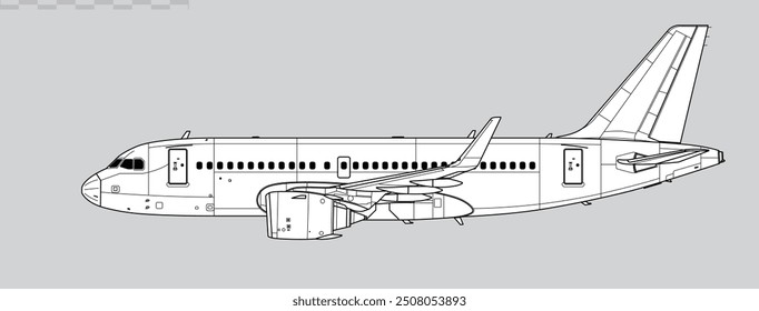 Airbus A319 NEO. Vector drawing of short-range, passenger jet airliner. Side view. Image for illustration and infographics.