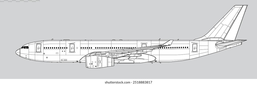 Desenho vetorial do avião a jato de passageiros de longo alcance. Vista lateral. Imagem para ilustração e infográficos.