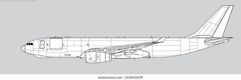 Desenho vetorial dos aviões a jato de carga de grande porte. Vista lateral. Imagem para ilustração e infográficos.