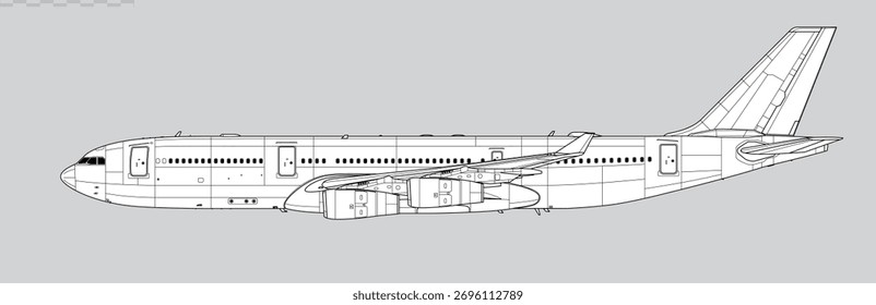 Desenho vetorial do avião a jato de passageiros de longo alcance. Vista lateral. Imagem para ilustração e infográficos.